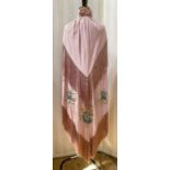 1920's/30's silk cape, in the style of a Chinese silk shawl, deep fringe, embroidered in green and