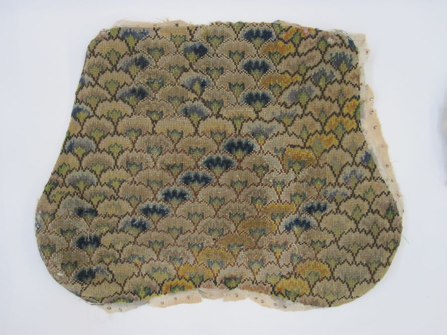 Two antique needlepoint chair covers with a recurring blue, green, yellow and brown fan-type pattern - Image 2 of 6