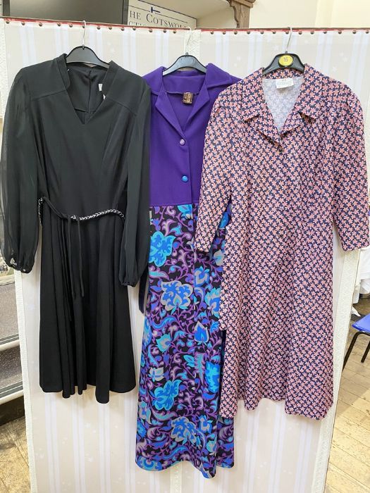 1970's dresses to include Diolen Loft crimplene maxi dress, purple shirt top and psychedelic