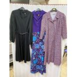 1970's dresses to include Diolen Loft crimplene maxi dress, purple shirt top and psychedelic