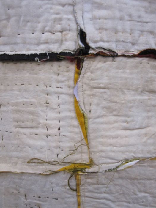 Hand-made brightly-coloured squared patchwork quilt (unsown edges) together with other fabric items, - Image 4 of 6