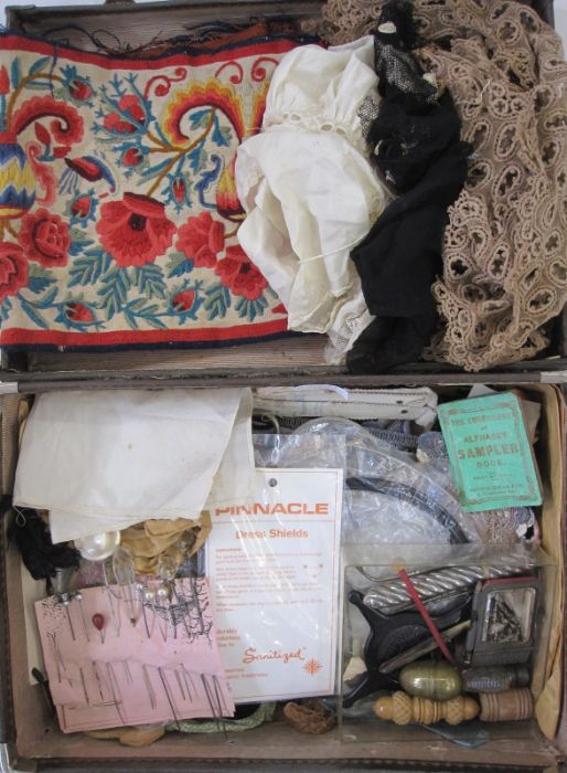 Vintage accessories to include hat pins, metal stays, wedding cake paper, embroidery items, a carved