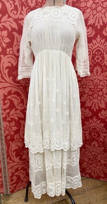 Edwardian cream lace dress with embroidered overskirt, embroidered hem, double sleeves with hook and