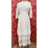 Edwardian cream lace dress with embroidered overskirt, embroidered hem, double sleeves with hook and