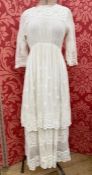 Edwardian cream lace dress with embroidered overskirt, embroidered hem, double sleeves with hook and