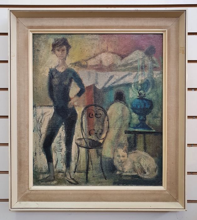 20th century school Oil on canvas Painting of an interior with woman wearing black with white cat, - Image 2 of 3