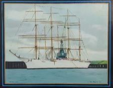 Paul Bridgman (20th century school) Oil on panel "Falmouth 1989", painting of a tall masted ship,