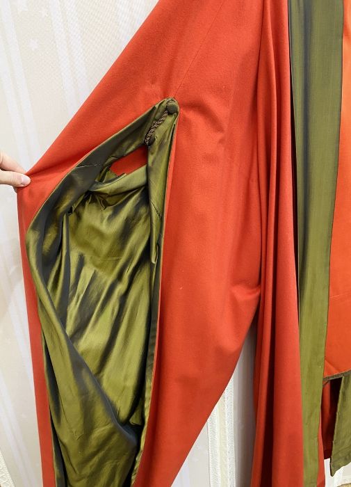 Academic robe in red wool with green satin slashed sleeves and front panel and two wool tabards - Image 2 of 4