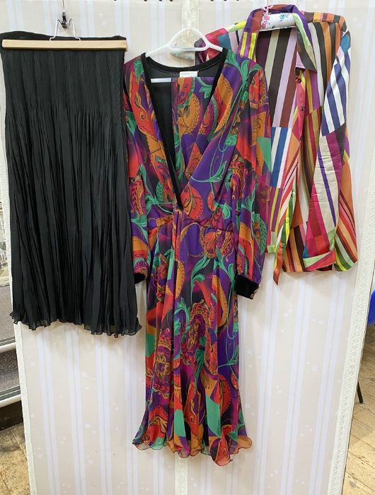 1990's Frank Usher chiffon cocktail dress printed green, oranges and purple, with matching scarf,