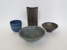 Louise Darby (b.1959) studio porcelain vase with blue glaze, impressed potters mark to base (h.