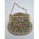 Vintage petitpoint evening bag labelled 'JSELY Lucerne, Vienna Handwork', cut steel trim to brass