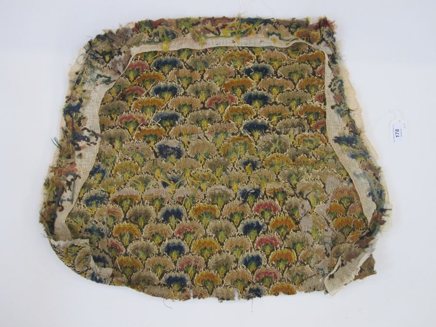 Two antique needlepoint chair covers with a recurring blue, green, yellow and brown fan-type pattern - Image 6 of 6