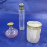 Pink glass and metal scent bottle, cut glass and metal toilet bottle and glass and mother of pearl