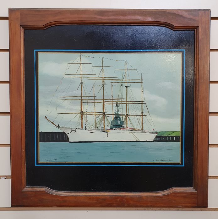 Paul Bridgman (20th century school) Oil on panel "Falmouth 1989", painting of a tall masted ship, - Image 2 of 4