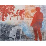 Arran Miles (contemporary)  Collagraph etching and stencil  "Figure With Trees", signed lower