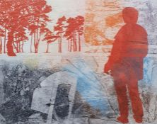 Arran Miles (contemporary)  Collagraph etching and stencil  "Figure With Trees", signed lower