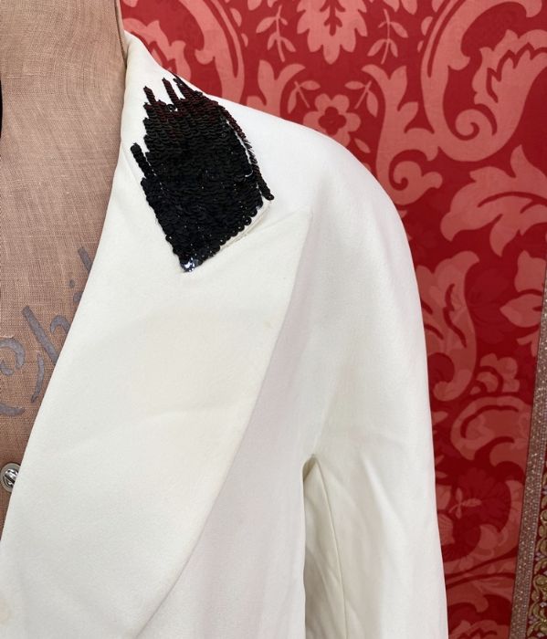 Krizia viscose white tuxedo-style jacket, with black sequin embroidered detail to the lapels and - Image 2 of 5