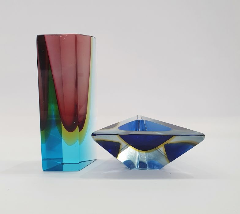 Murano Sommerso glass vase of lozenge form, blue body with red core cased in yellow, possibly by
