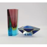 Murano Sommerso glass vase of lozenge form, blue body with red core cased in yellow, possibly by