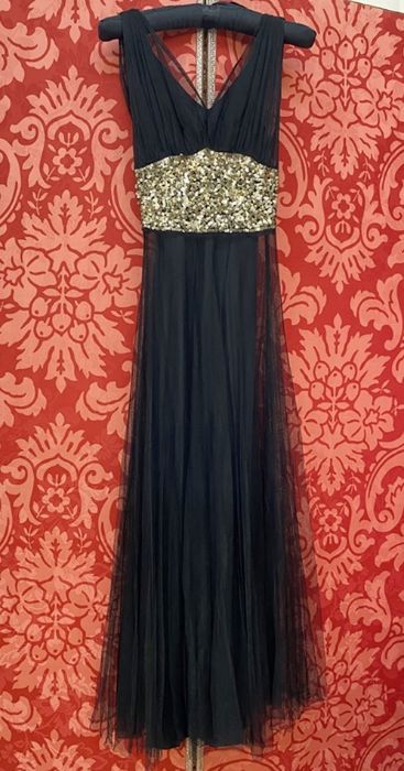 1930's black net and satin evening gown, sleeveless, broad sequinned waist band, side zip, the