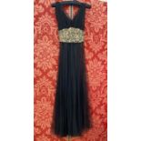 1930's black net and satin evening gown, sleeveless, broad sequinned waist band, side zip, the