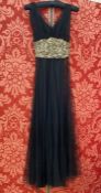 1930's black net and satin evening gown, sleeveless, broad sequinned waist band, side zip, the