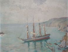 Violet Teague (Australian 1872-1951) Oil on board Coastal scene with tall masted ship, signed