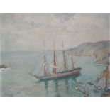 Violet Teague (Australian 1872-1951) Oil on board Coastal scene with tall masted ship, signed