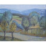 20th century continental school  Oil on canvas Countryside scene with pathway in blues and greens,