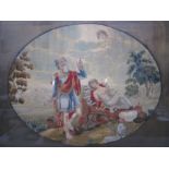 19th century woolwork and painted allegorical scene in an oval mount with carved oak frame and