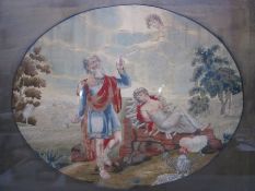19th century woolwork and painted allegorical scene in an oval mount with carved oak frame and
