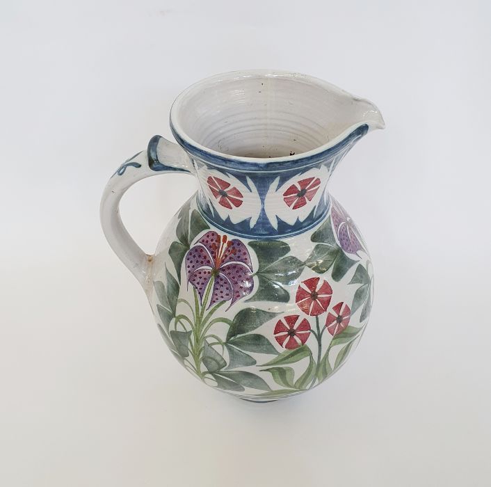 Laurence McGowan (b.1942) a stoneware pitcher with floral decoration on white ground, signed to base - Image 3 of 4