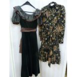 Gina Fratini soft- black velvet dress with brown and rust detail, puff sleeves, frilled scoop neck