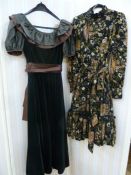 Gina Fratini soft- black velvet dress with brown and rust detail, puff sleeves, frilled scoop neck