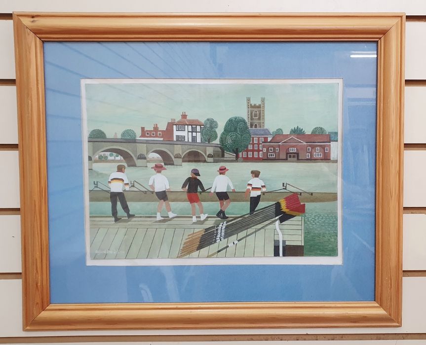 Alfred Daniels (1924-2015) Acrylic and watercolour on board "Henley Church Bridge and Oarsmen", - Image 2 of 5