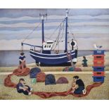 Alfred Daniels RBA RWA ARCA (1924-2015) Oil and alkyd on board "The Blue Boat, Hastings", coastal