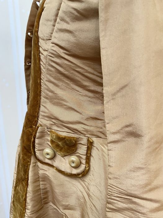 Victorian tan-coloured satin walking dress with brown velvet detail, caramel-coloured buttons, the - Image 3 of 7