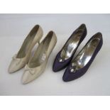 Pair of vintage Ferragamo purple satin , stiletto heeled  shoes, with faux pearl and diamante detail