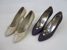 Pair of vintage Ferragamo purple satin , stiletto heeled  shoes, with faux pearl and diamante detail