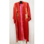 Chinese-style satin dressing gown embroidered with dragons and exotic bird with sash belt