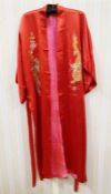 Chinese-style satin dressing gown embroidered with dragons and exotic bird with sash belt