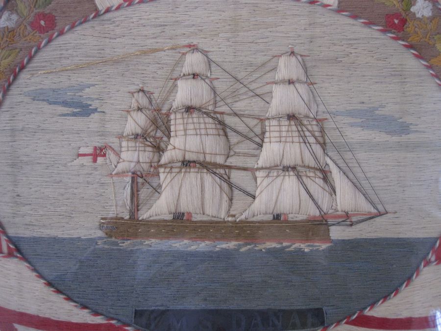 Mariner's woolwork picture of three masted ship in full sail, named 'HMS DANAE' .c 1880's (she was - Image 3 of 8