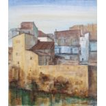 Bill Garrad (20th century school) Oil on canvas "River Ebro at Amposta", town scene with river in