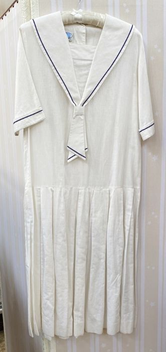 Vintage 'Laura Ashley Made in Britain' sailor style white cotton dress, drop waist pleated skirt