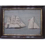 19th century mariner's woolwork picture of a three- masted ship in full sail with spinnakers out and