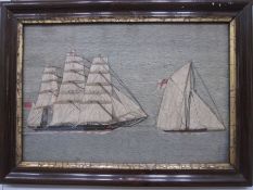 19th century mariner's woolwork picture of a three- masted ship in full sail with spinnakers out and