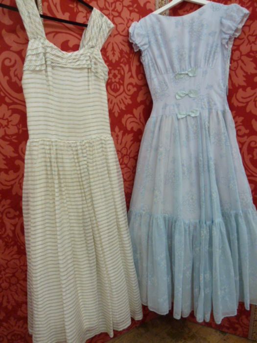 Various 1960's and 70's evening dresses to include a Flory Miami black damask sleeveless smock-