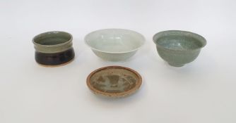 Christine-Ann Richards (b.1949) a flanged porcelain bowl with green speckled glaze, impressed mark