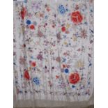 Extremely large piano shawl in Chinese silk, with bright floral embroidery, deep fringeCondition