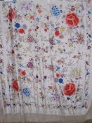 Extremely large piano shawl in Chinese silk, with bright floral embroidery, deep fringeCondition